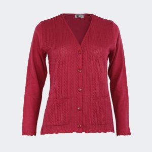 Chaqueta mujer punto fino, cuello pico con botones y bolsillo, calada a pequeños rombos. VERANO