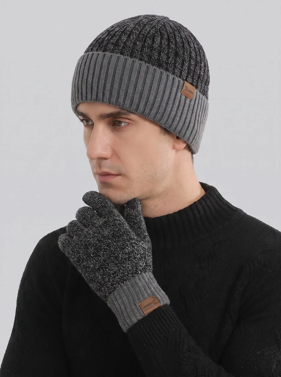 Men Color Block Rib Knit Hat Scarf Gloves Set - Imagen 8