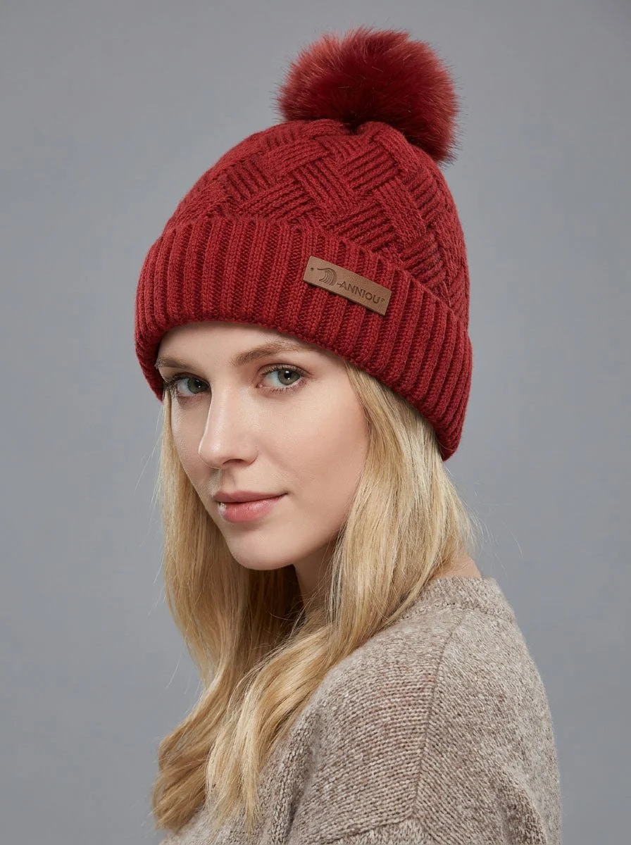 Women Grid Jacquard Pom Knit Beanie Hat - Imagen 7