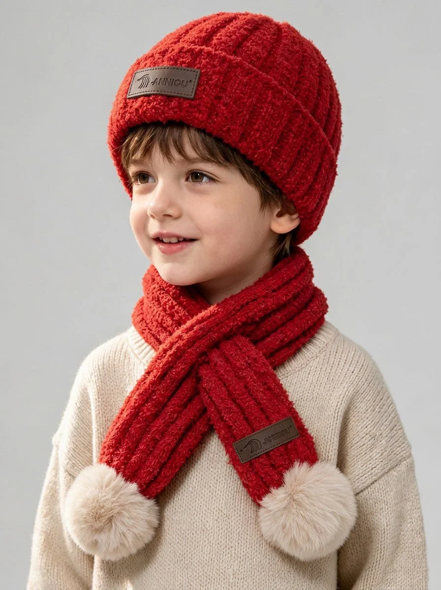 Kid Fuzzy Plush Knitted Hat Scarf Winter Set - Imagen 6