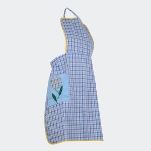 Delantal cuadros azul rojo amarillo verde ribete amarillo con detalle flor bolsillo