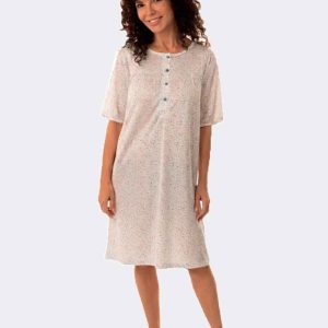 Camisón mujer punto SEDA manga corta con tapeta y canesú, estampado granos arroz colores