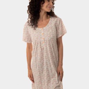 Camisón punto manga corta de mujer con tapeta botones estampado fino florecitas naranja y rosado