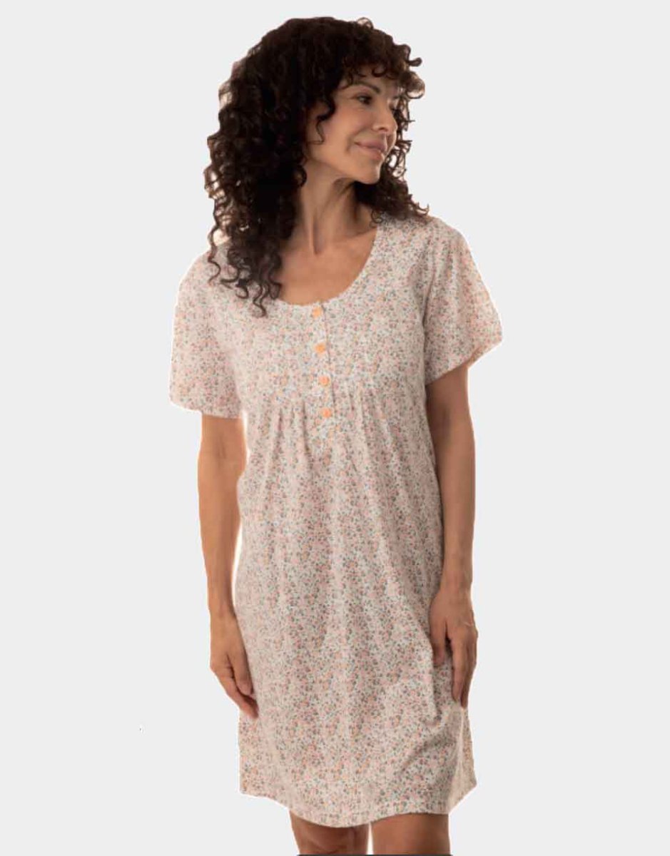 Camisón punto manga corta de mujer con tapeta botones estampado fino florecitas naranja y rosado - Imagen 2