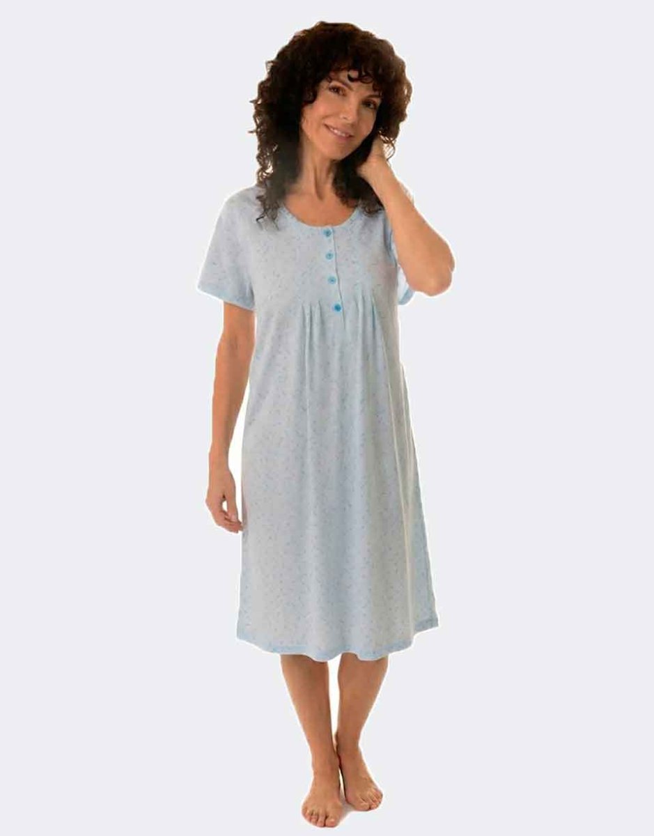 Camisón manga corta de mujer punto con tapeta botones estampado florecita en azul - Imagen 2