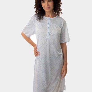 Camisón punto SEDA manga corta mujer con tapeta botones estampado florecita en azul