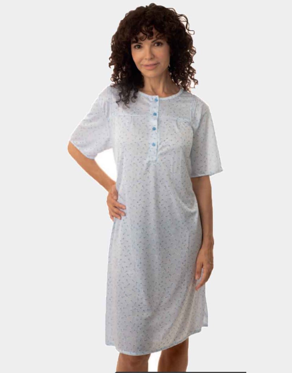 Camisón punto SEDA manga corta mujer con tapeta botones estampado florecita en azul