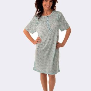 Camisón punto SEDA de mujer manga corta con tapeta estampado florecitas en verde