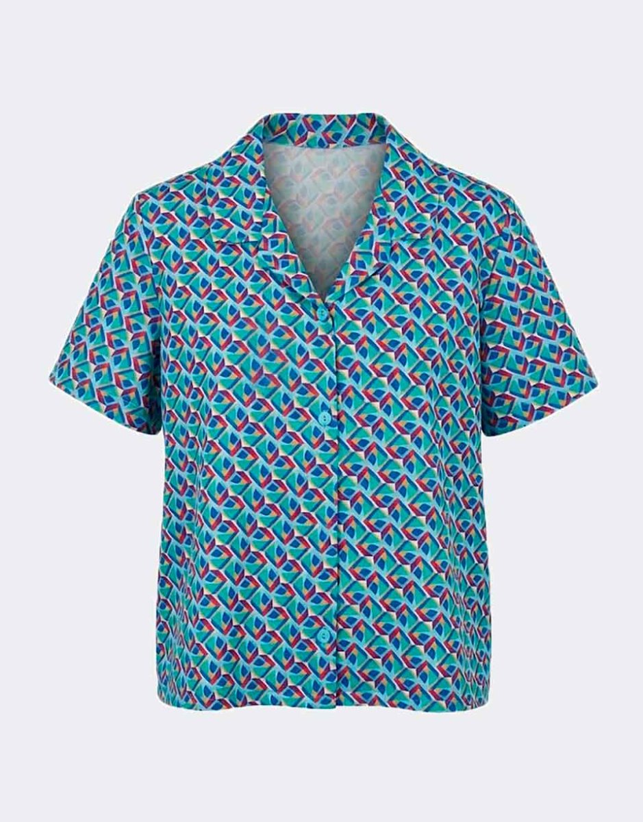 Blusa de mujer tejido bambula manga corta estampado geométrico colores - Imagen 2