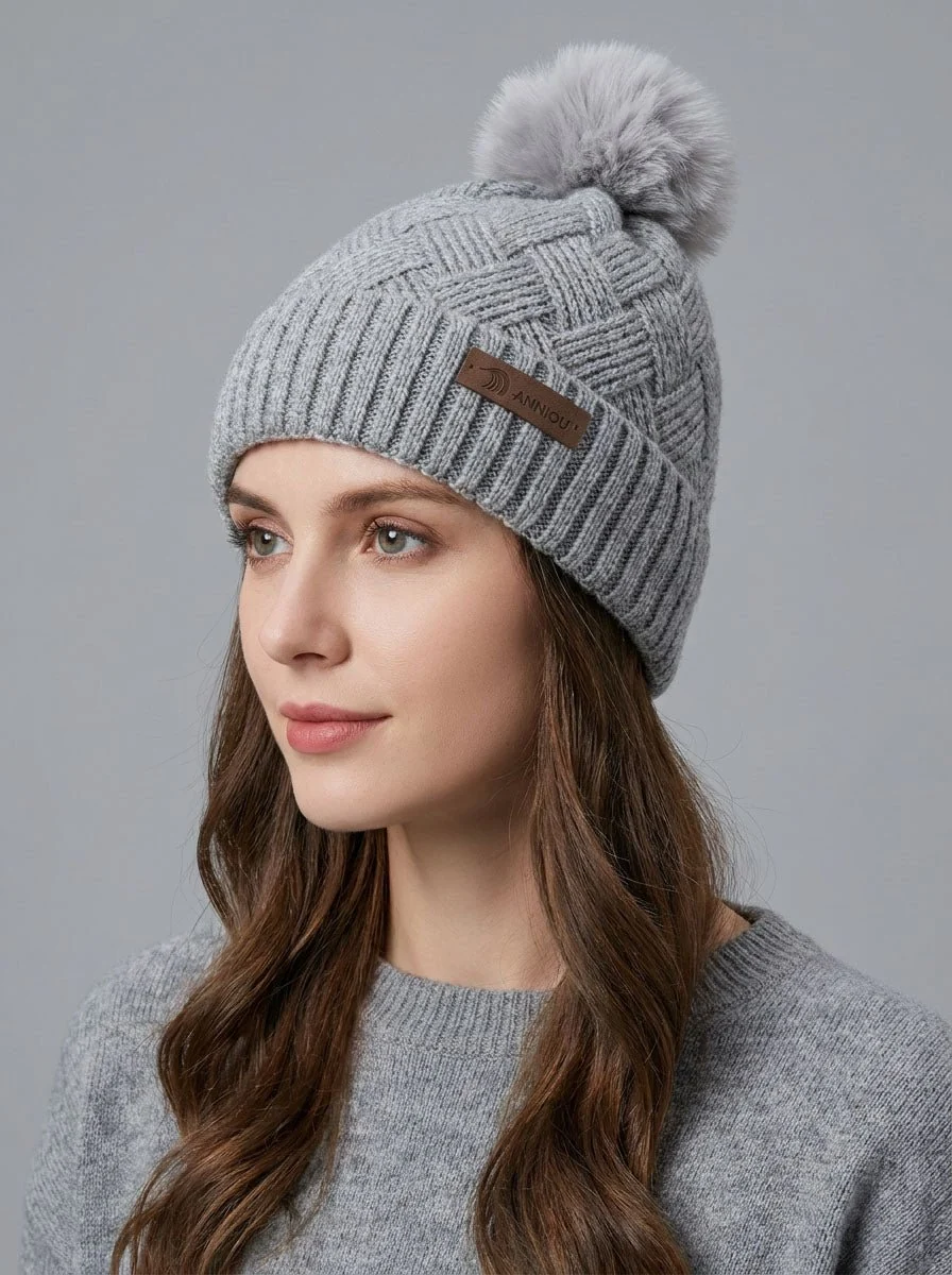 Women Grid Jacquard Pom Knit Beanie Hat - Imagen 8