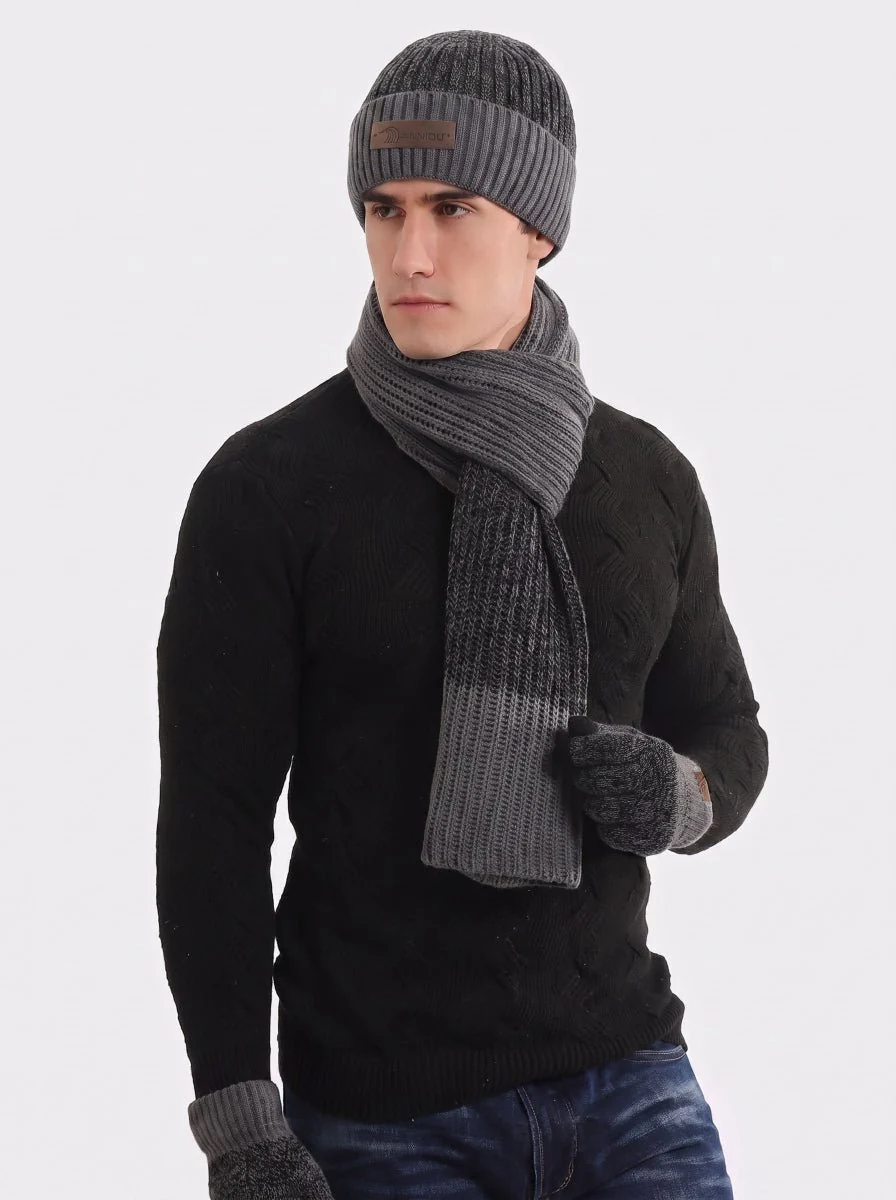 Men Color Block Rib Knit Hat Scarf Gloves Set - Imagen 7