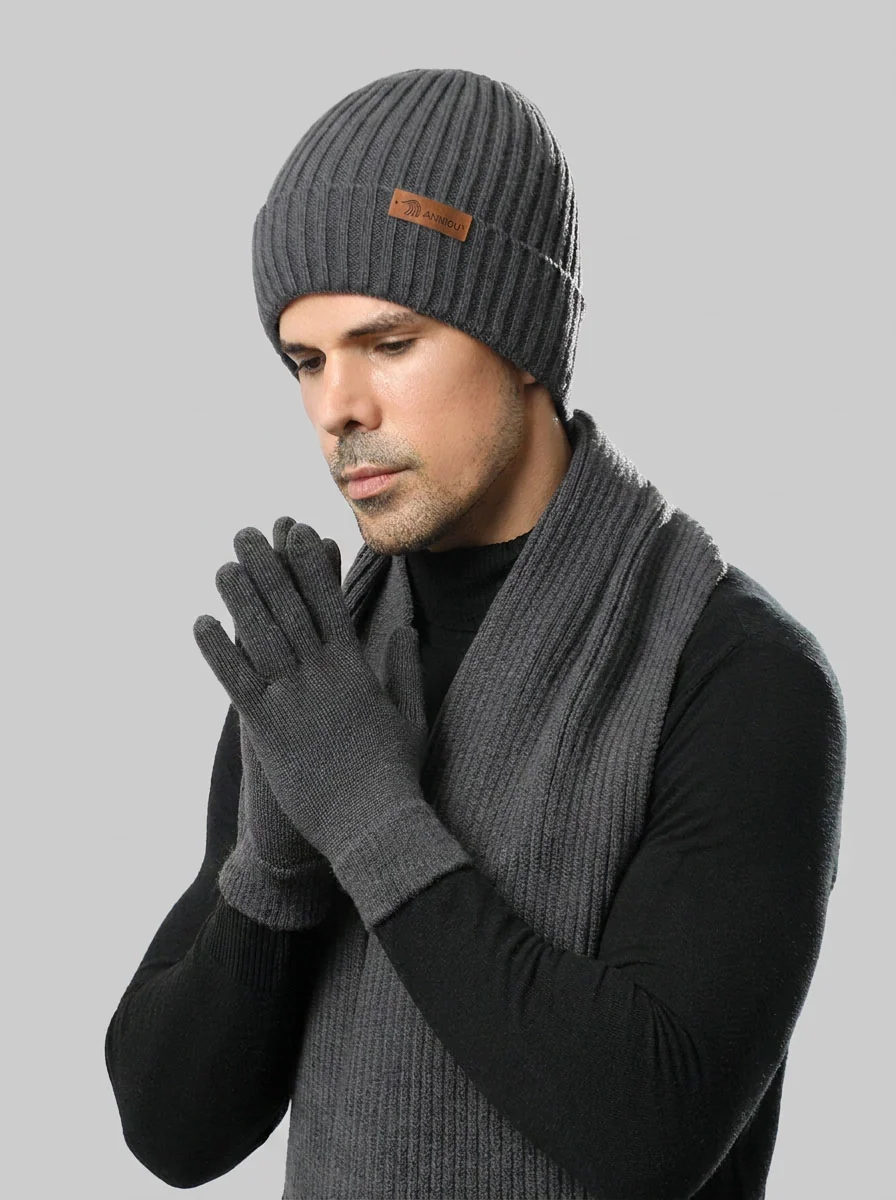 Men Knit Hat Scarf Gloves Set - Imagen 7