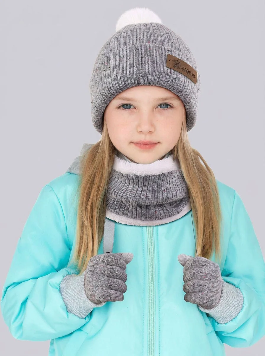 Kids Pom Pom Fleece Knit Hat Scarf Gloves Set - Imagen 7