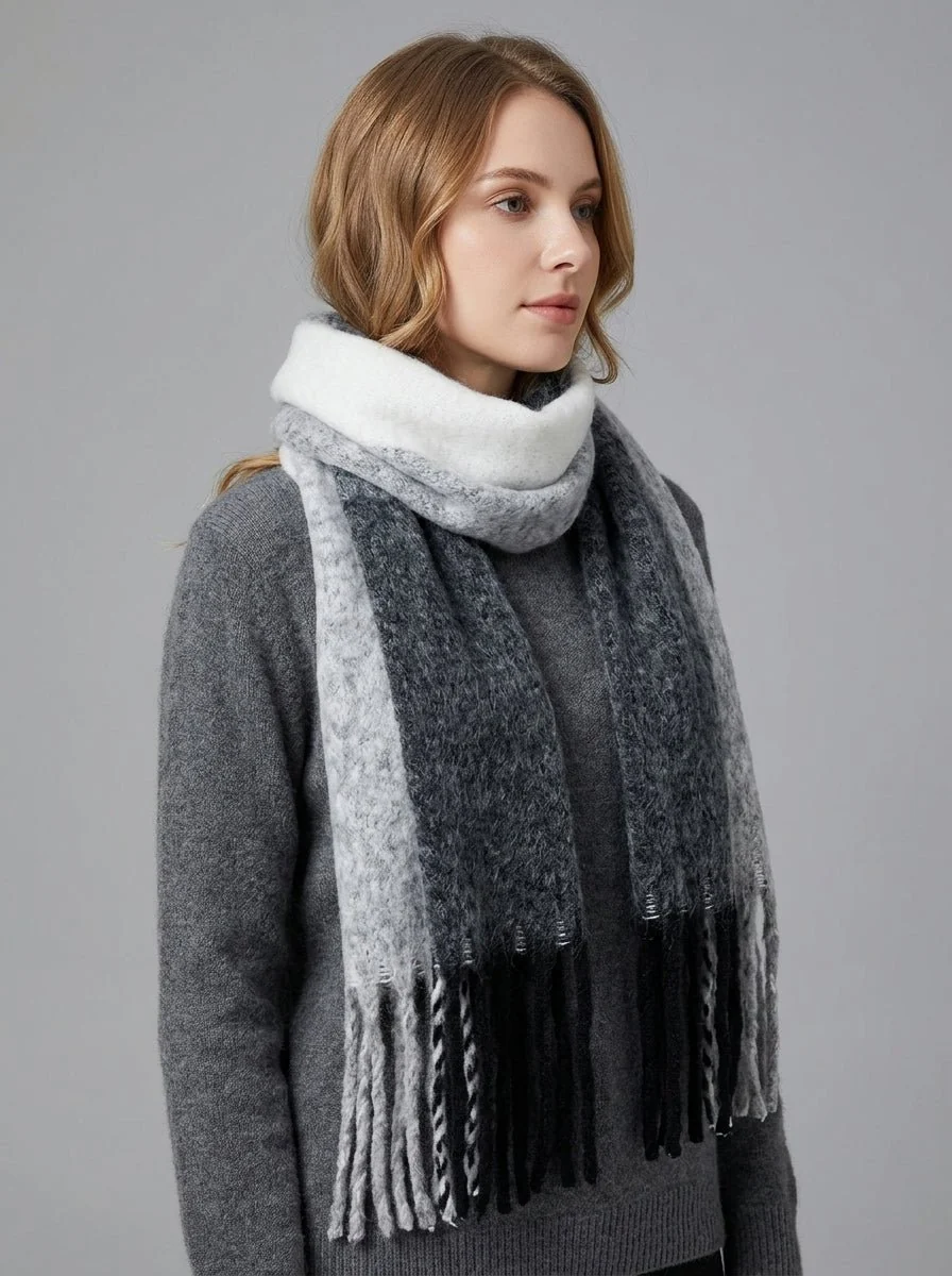 Women Soft Color Block Fringe Scarf - Imagen 5