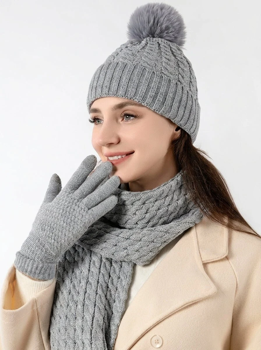 Women Twisted Cable Pattern Knit Hat Scarf Gloves Set - Imagen 7