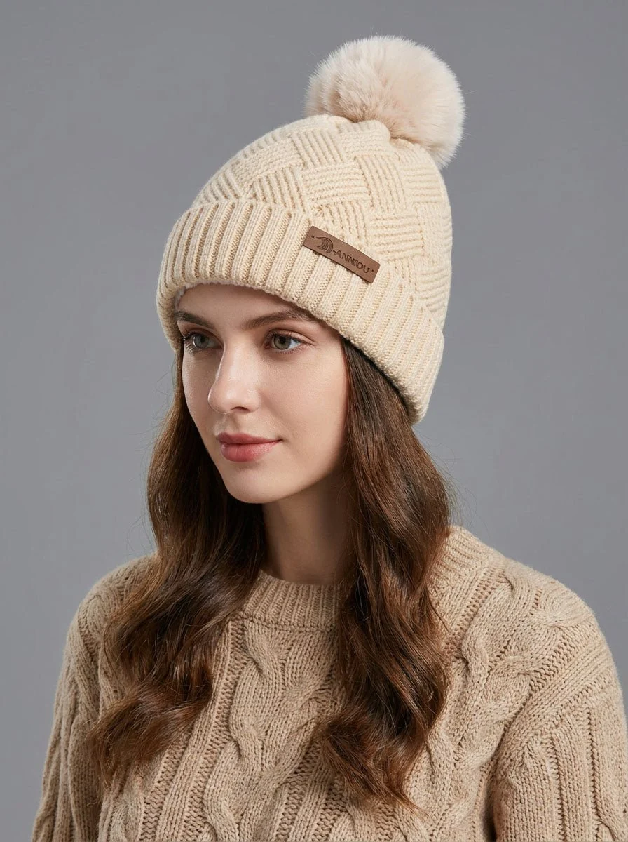 Women Grid Jacquard Pom Knit Beanie Hat - Imagen 4