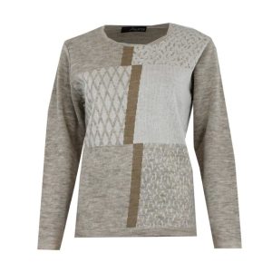 Jersey mujer punto cuello redondo con franjas con diferentes estampados o colores en tono beig y crudos