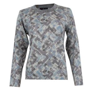 Jersey mujer punto fino con lana merina cuello redondo, estampado abstracto  formas circulares en tonos rosados, azules, verdes grises