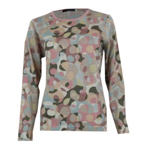 Jersey mujer punto fino con lana merina cuello redondo, estampado abstracto  formas circulares en tonos rosados, azules, verdes grises