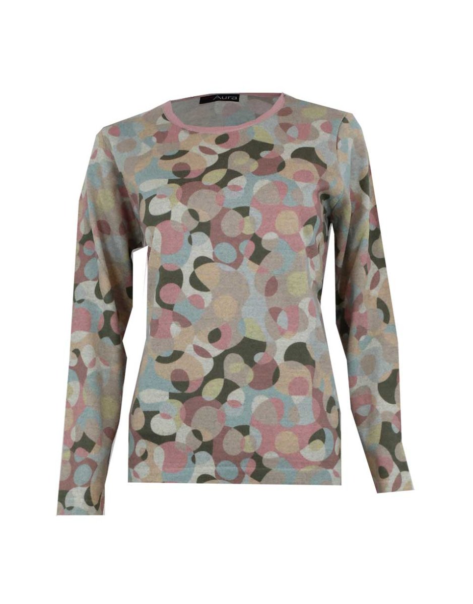 Jersey mujer punto fino con lana merina cuello redondo, estampado abstracto formas circulares en tonos rosados, azules, verdes grises - Imagen 2