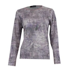 Jersey mujer punto fino con lana merina cuello redondo, estampado ‘cubista’ acuarela tonos lilas