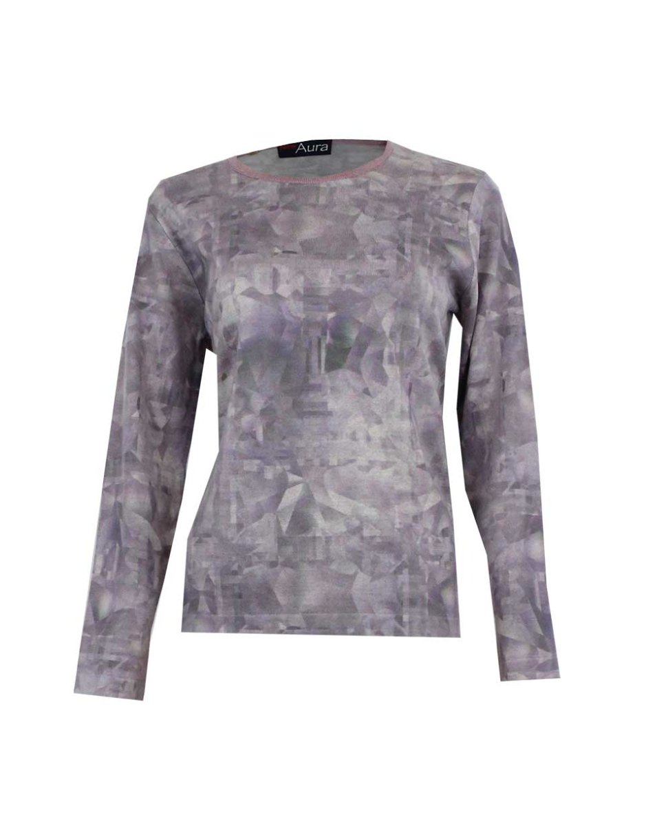 Jersey mujer punto fino con lana merina cuello redondo, estampado ‘cubista’ acuarela tonos lilas - Imagen 2