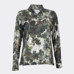 Jersey mujer punto fino cuello pico subido por detrás, estampado abstracto