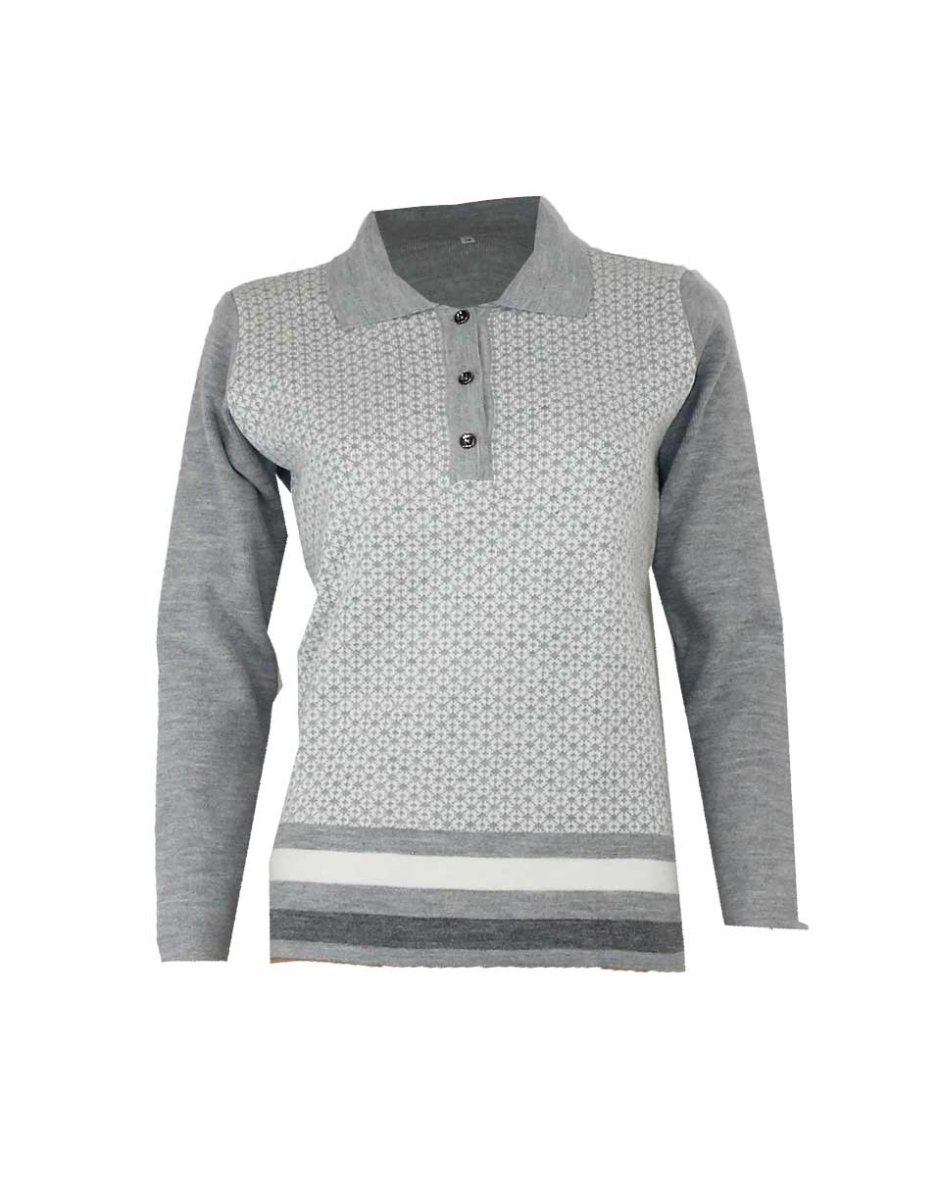 Jersey polo mujer punto con cuello y tres botones, estampado geométrico y bajo en rayas - Imagen 3