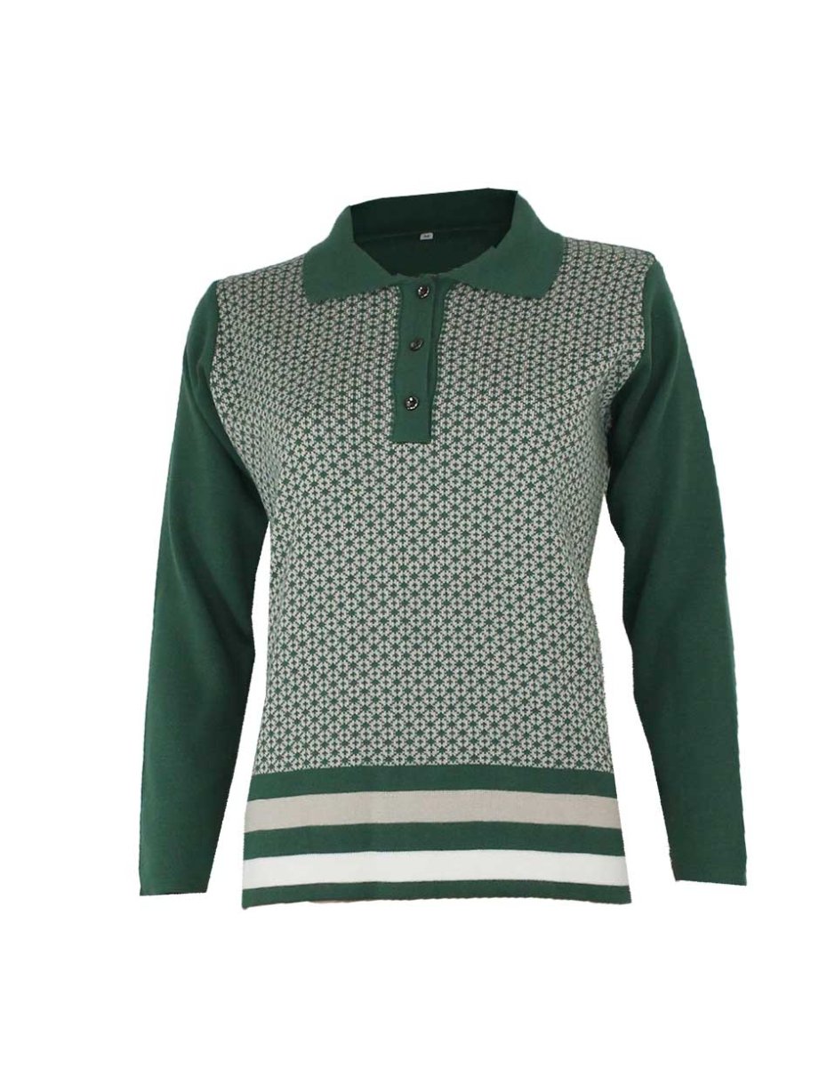 Jersey polo mujer punto con cuello y tres botones, estampado geométrico y bajo en rayas - Imagen 4