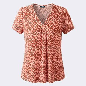 Camiseta mujer cuello pico tela plisada estampado geométrico  rojizo