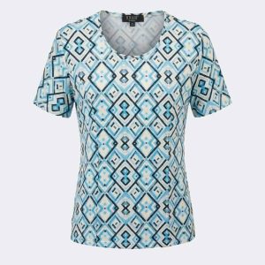 Camiseta punto manga corta mujer cuello redondo con costadillo estampado geométrico azul