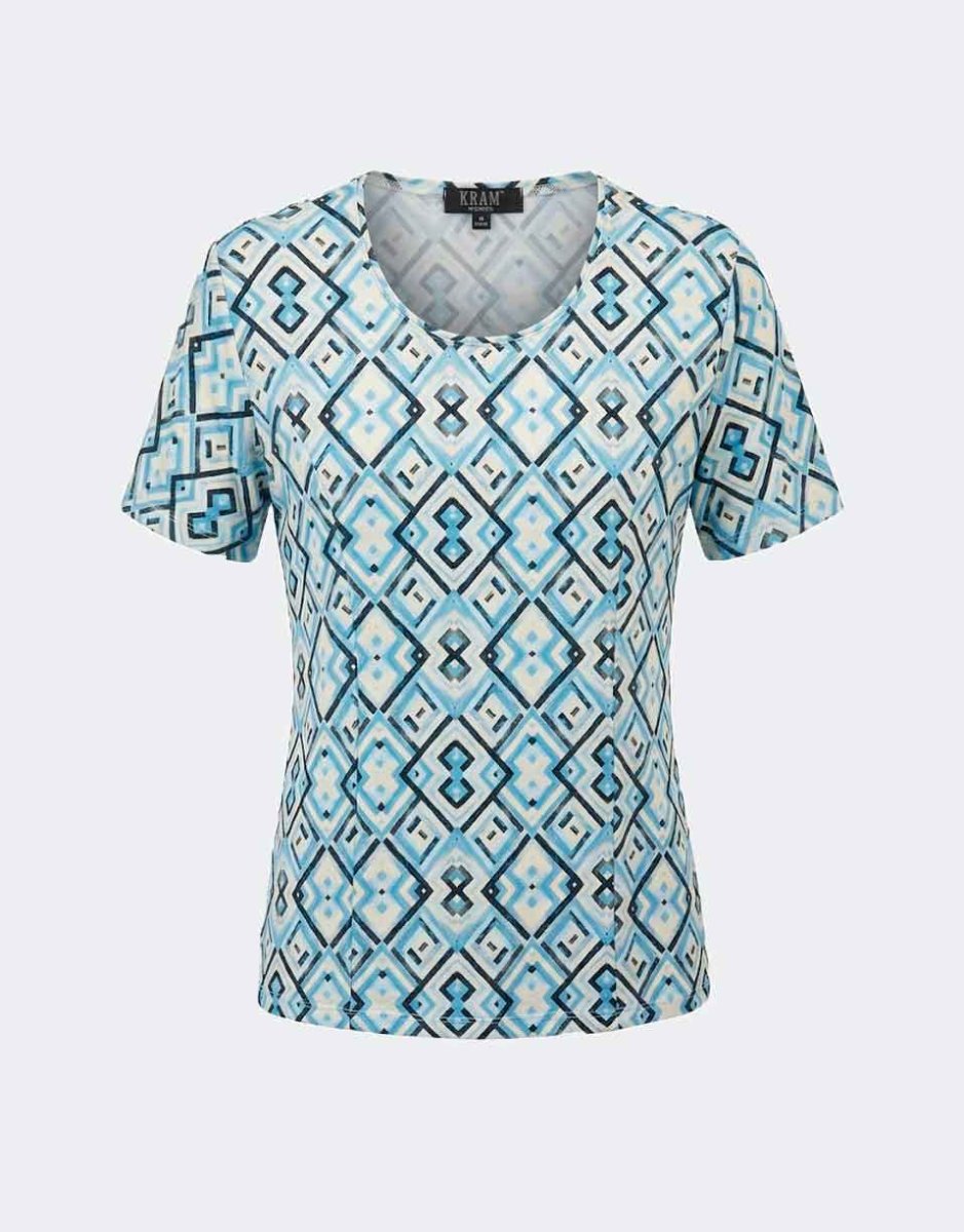 Camiseta punto manga corta mujer cuello redondo con costadillo estampado geométrico azul - Imagen 2