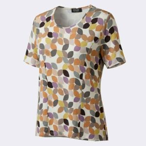 Camiseta manga corta mujer punto cuello redondo con costadillo estampado hojas tonos tierra
