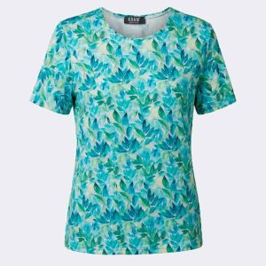Camiseta mujer punto manga corta cuello redondo con costadillo estampado hojas