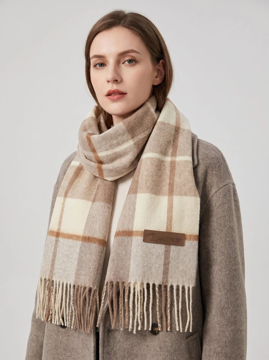 Women Pure Wool Tassel Checkered Scarf - Imagen 7