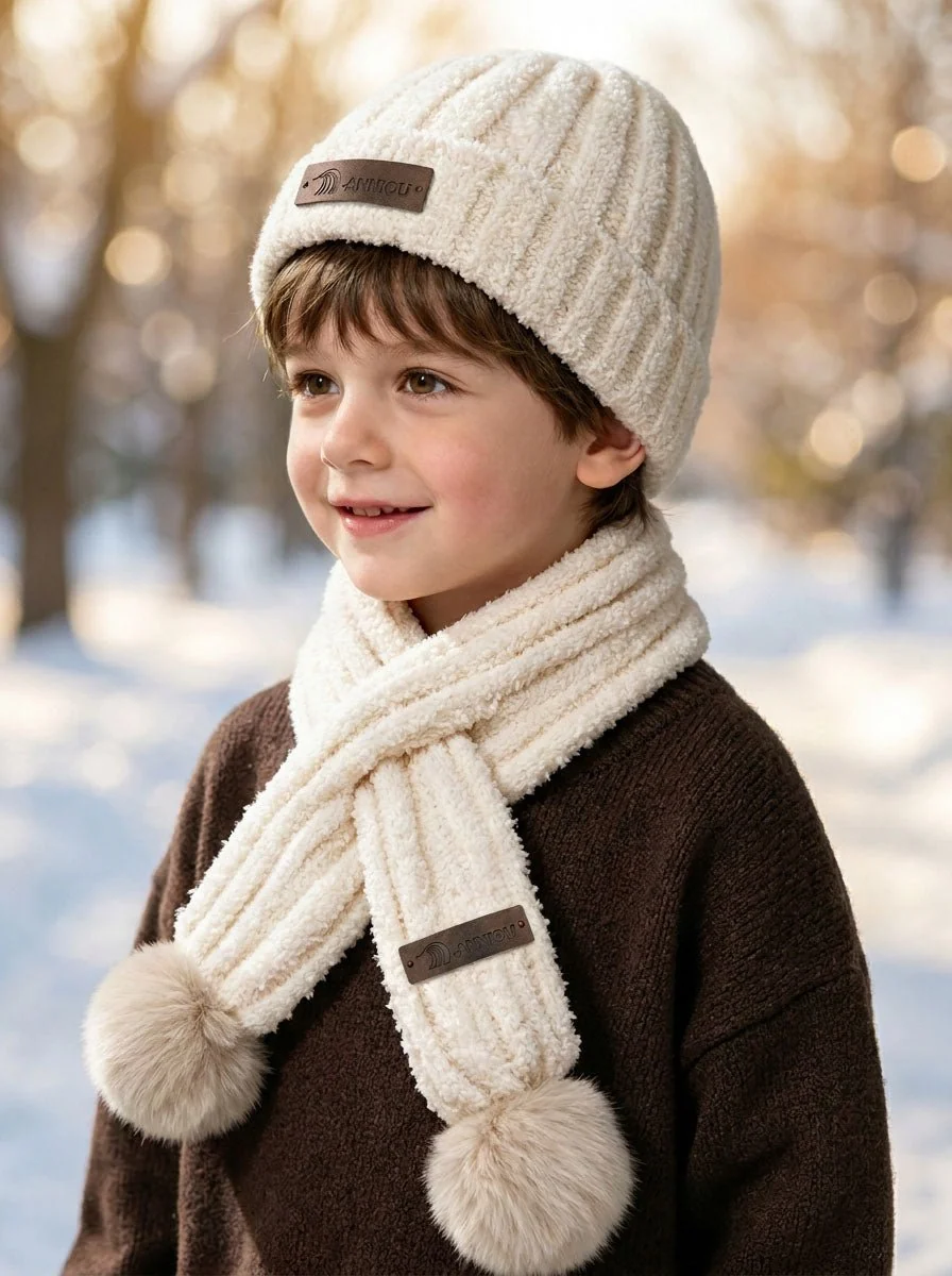 Kid Fuzzy Plush Knitted Hat Scarf Winter Set