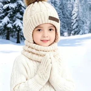 Kids Ear Flap Plush Pom Knit Hat Scarf Gloves Set