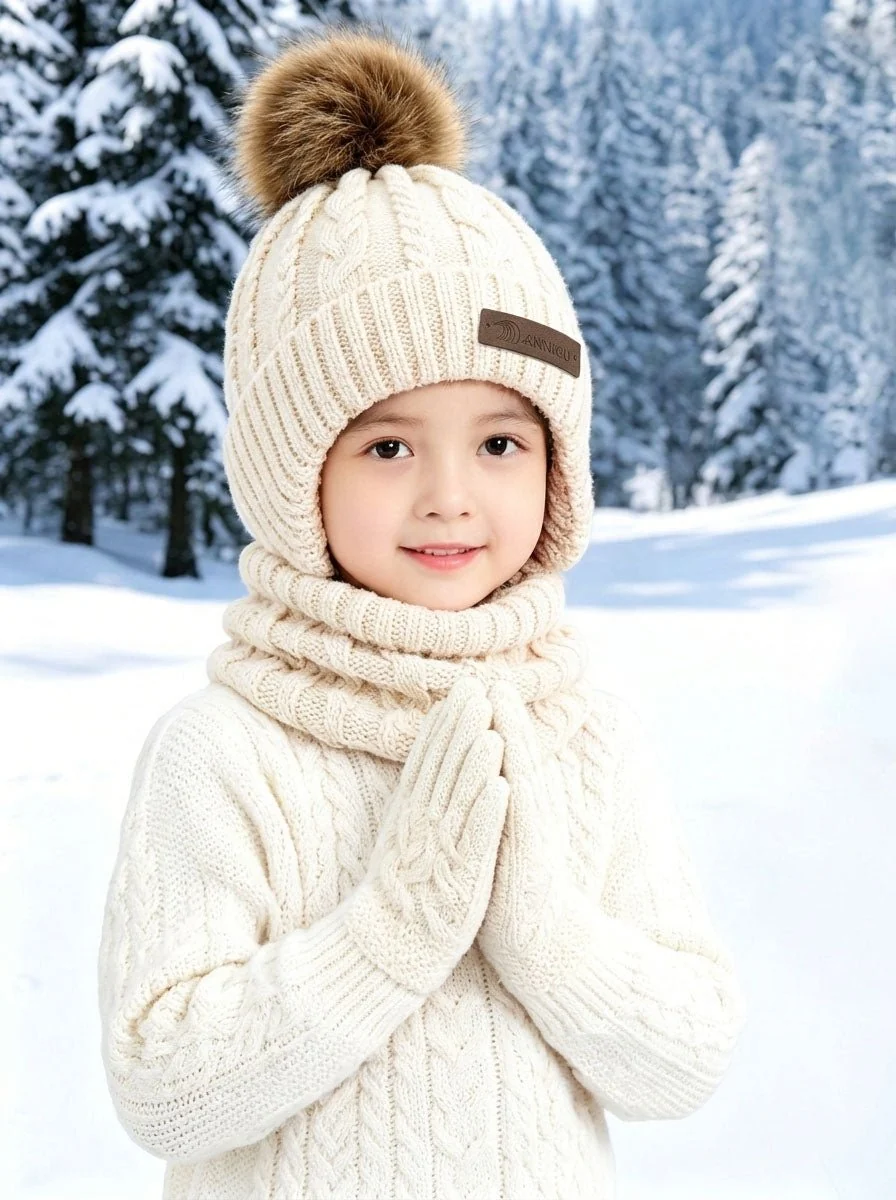 Kids Ear Flap Plush Pom Knit Hat Scarf Gloves Set - Imagen 2