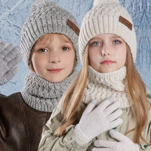 Kids Fleece Lined Pom Knit Hat Scarf Gloves Set
