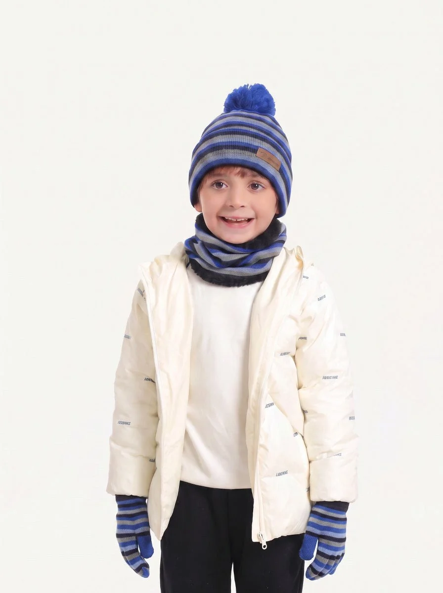 Kids Striped Knit Hat Scarf Mittens Set - Imagen 7