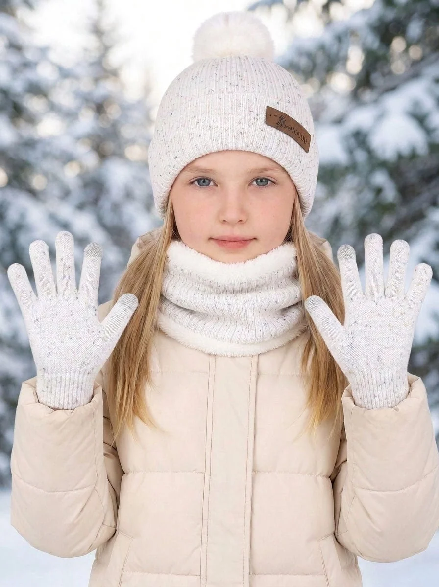 Kids Pom Pom Fleece Knit Hat Scarf Gloves Set - Imagen 2
