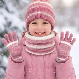 Kids Stripe Plush Pom Knit Hat Scarf Gloves Set