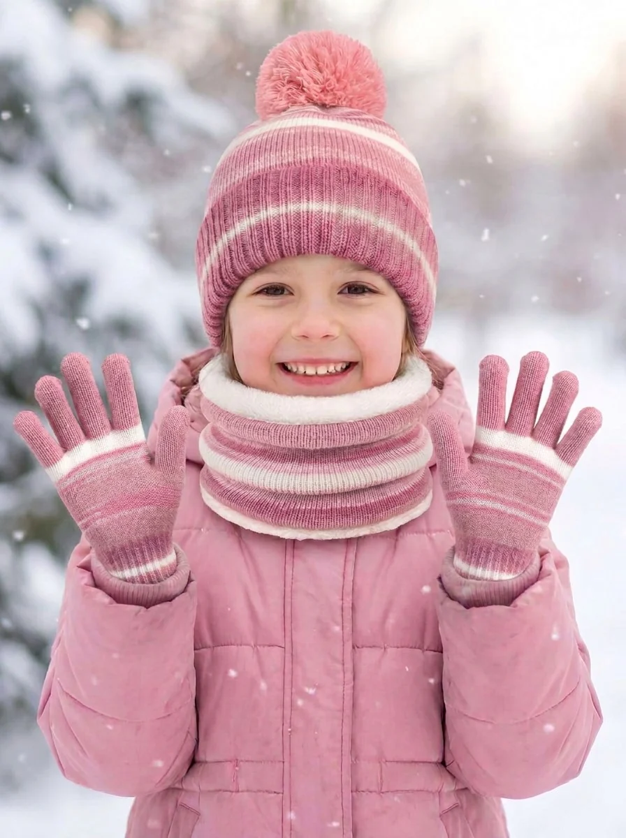 Kids Stripe Plush Pom Knit Hat Scarf Gloves Set - Imagen 2