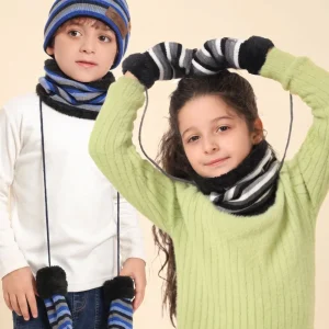 Kids Striped Knit Hat Scarf Mittens Set
