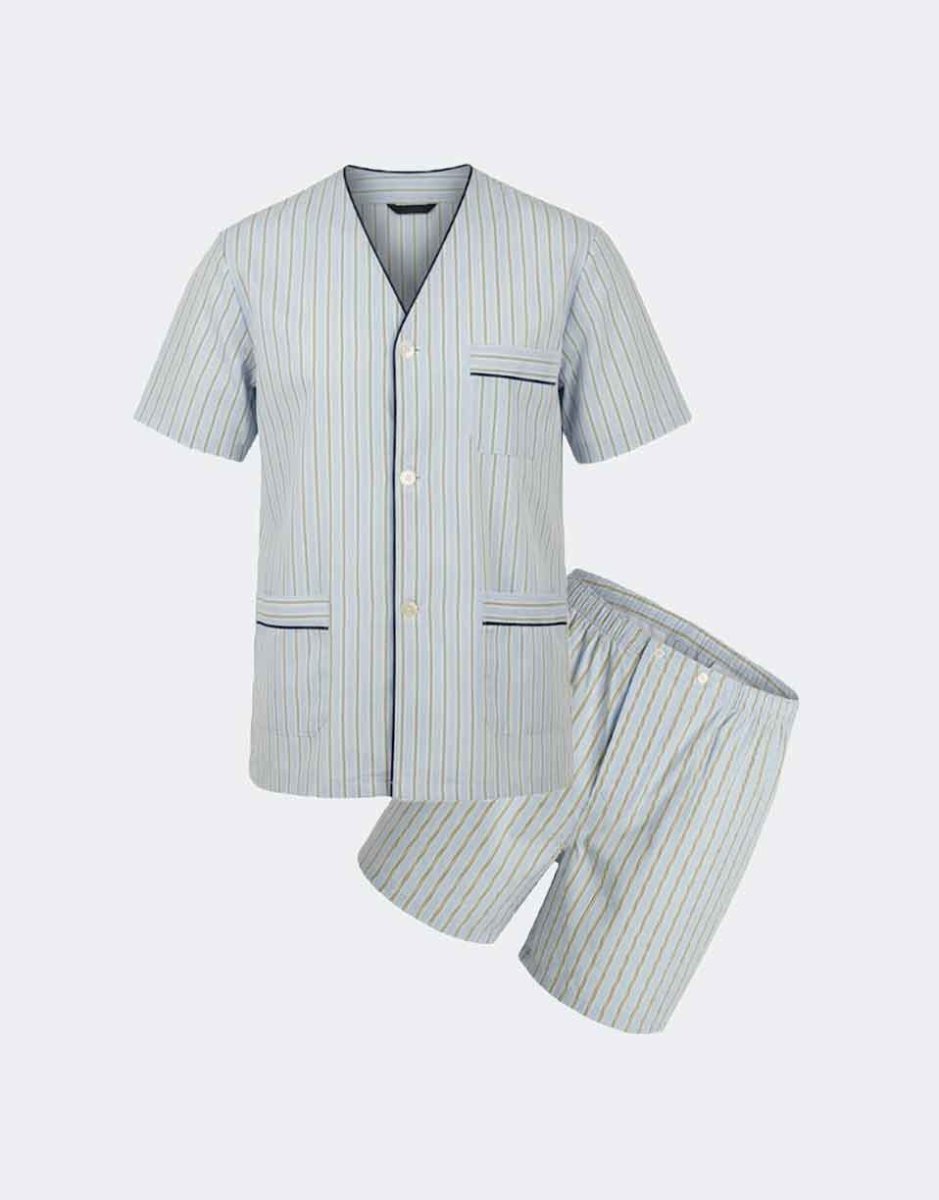 Pijama corto de hombre tela a rayas azules y verdes