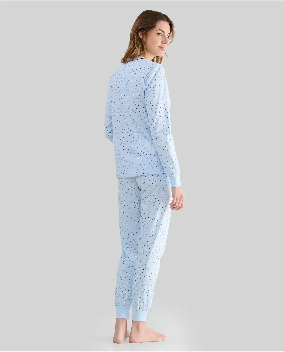 Pijama Largo Invierno Mujer Celeste con Florecitas de Lohe. 251197 - Imagen 3