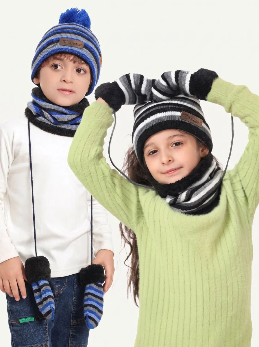 Kids Striped Knit Hat Scarf Mittens Set - Imagen 3