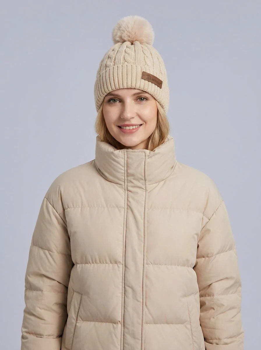 Women Cable Knitted Pom Beanie Hat - Imagen 6