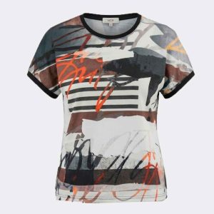 Camiseta mujer tela en delantero y punto detrás manga caída estampado en anaranjados, marrones, negros y blanco
