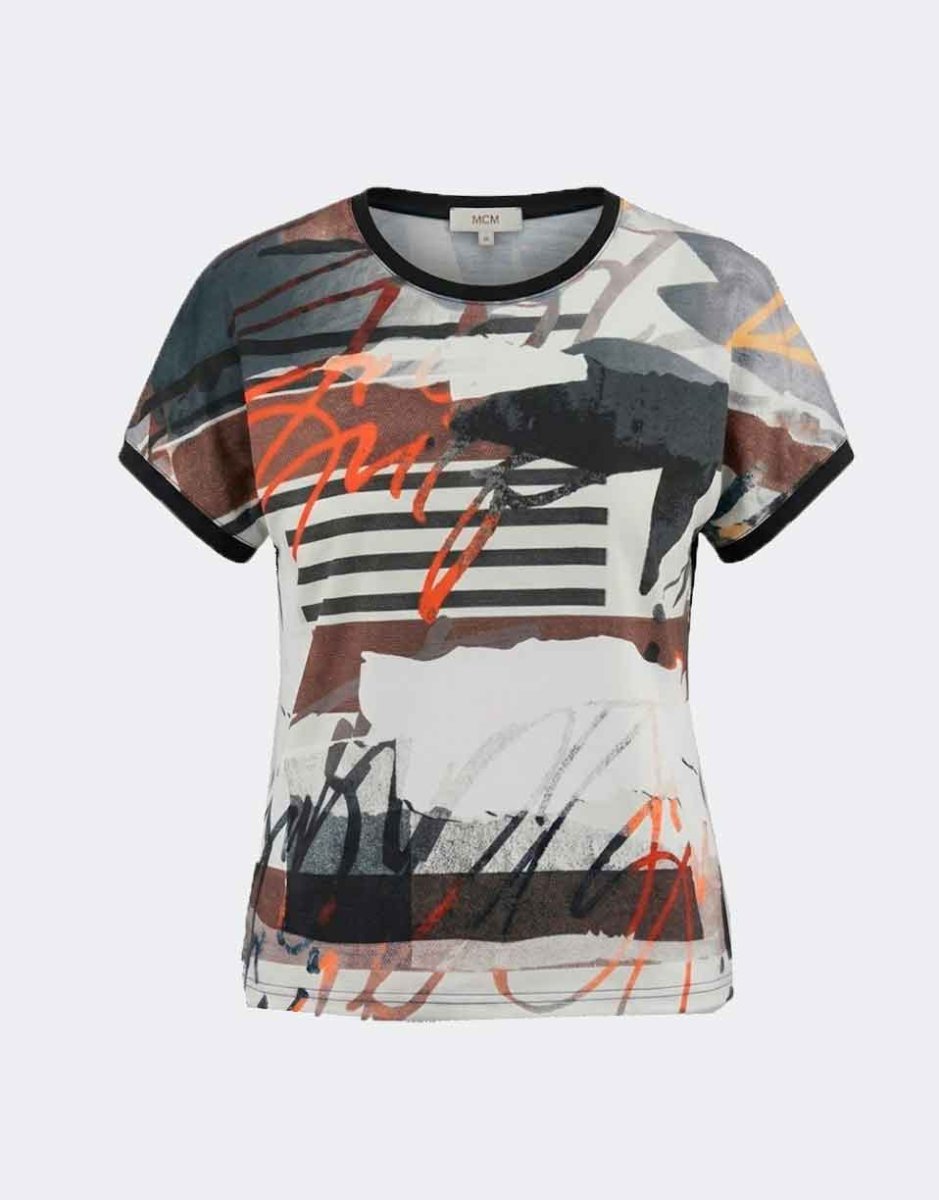 Camiseta mujer tela en delantero y punto detrás manga caída estampado en anaranjados, marrones, negros y blanco - Imagen 2